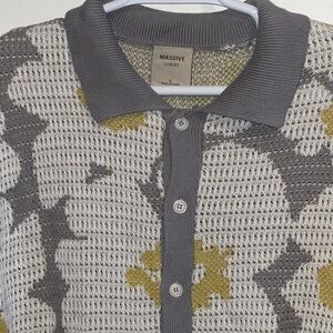 MASSIVE LUXURY FLORAL RETRO CROCHET KNIT GREY YELLOW FULL BUTTON SHIRT SIZ M NWT